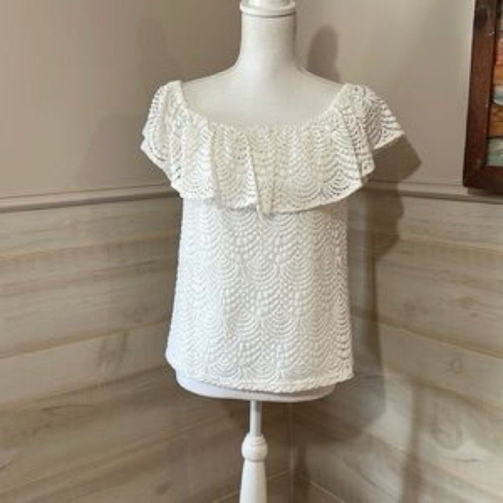 Lilly Pulitzer White Lace Off-Shoulder Ruffle Top
